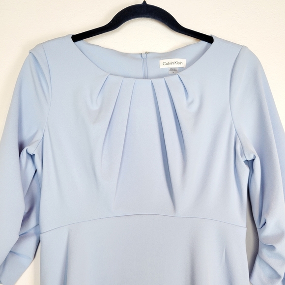 NWT Calvin Klein Pleated Shift 3/4 Sleeve Ruched A-Line Dress Blue Serene - Picture 5 of 11